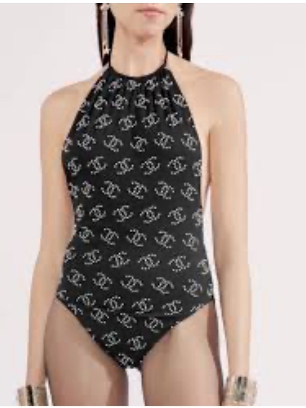 Women Black Halter One-Piece Swimsuit with White Dot Logo Pattern